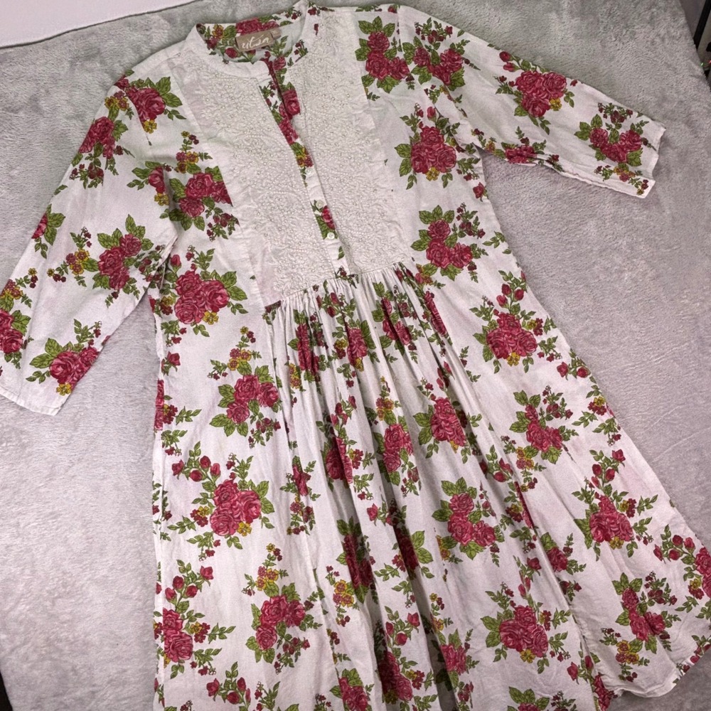Utsa Women's Floral Embroidered Cotton Midi Dress Size XL‎ White Pink Boho